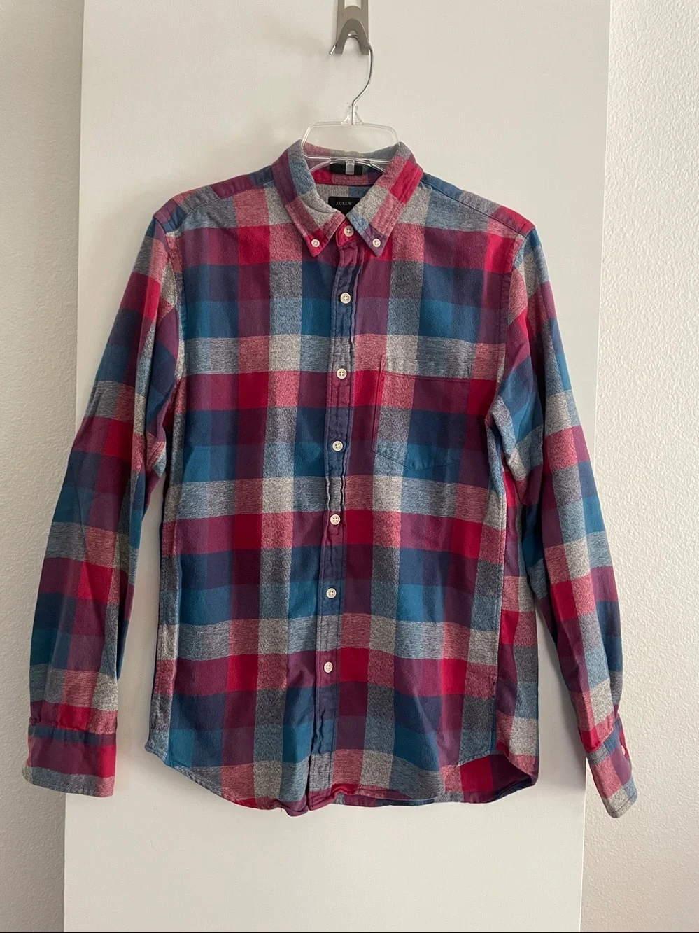 J CREW All Cotton Slim Fit Plaid Flannel Button Down Casual Shirt Red/Blue